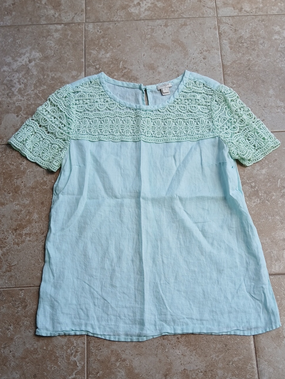 J. Crew Mint Green Crochet Yoke Short Sleeve Top